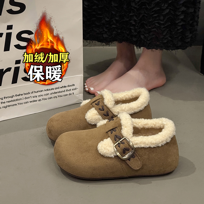 全包勃肯女鞋加绒雪地靴2025新款冬季一脚蹬毛毛鞋博肯棉鞋子34码