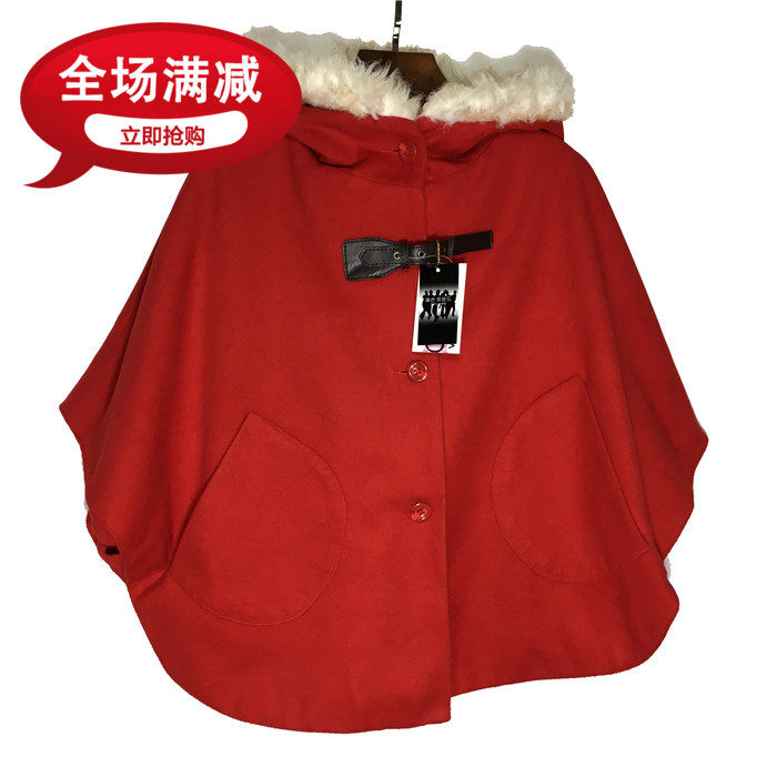 古着vintage 时尚名媛气质斗缝披风连帽毛领女装上衣毛呢短外套