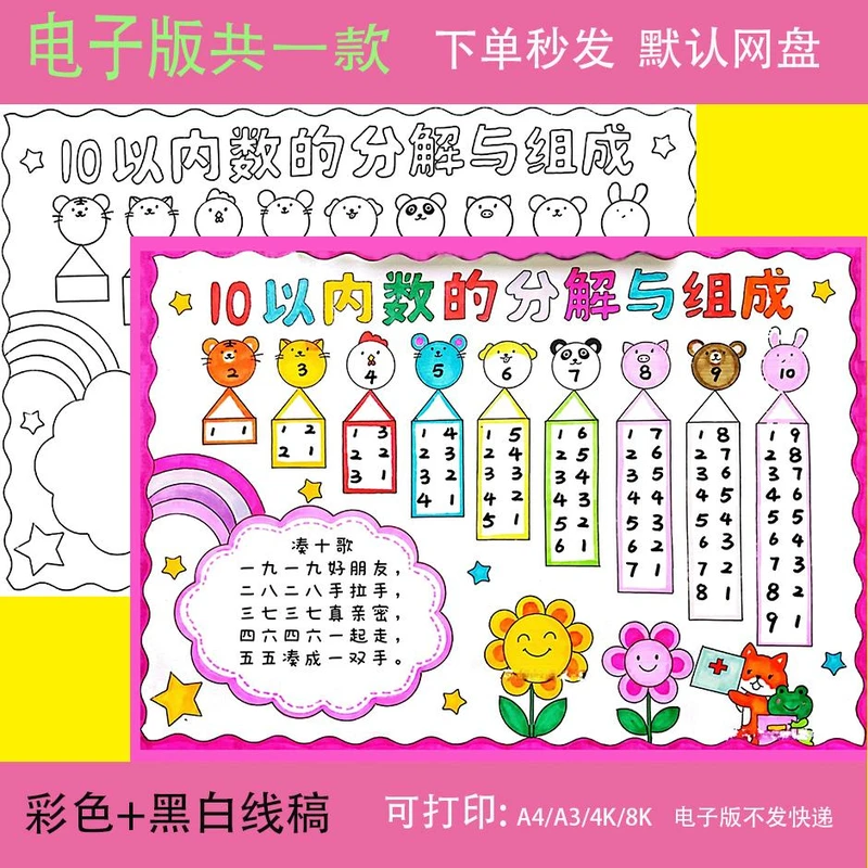 10十以内数的分解与组成手抄报模板电子版一年级数学小报黑白线稿