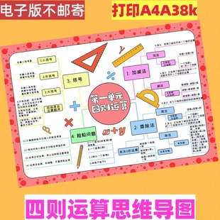 四则运算思维导图手抄报模板小学数学四年级下册一单元黑白线稿A4