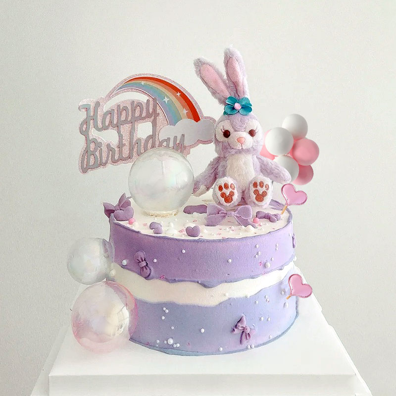 网红卡通兔子摆件烘焙生日毛绒紫色兔子公仔女生生日蛋糕装饰摆件