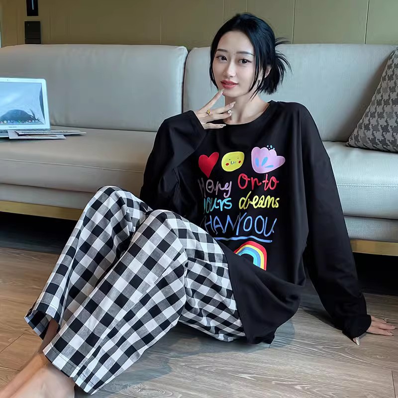 胖妹妹睡衣女大码200斤春秋纯棉长袖格子裤家居服套装可外穿胖mm