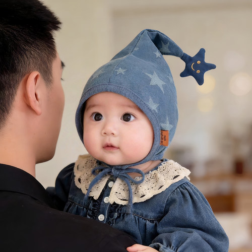 韩版牛仔婴幼儿帽子春秋款护囟门宫廷精灵帽男女宝宝防风胎帽冬季