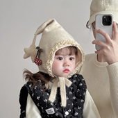 韩版 儿童帽子秋冬季 保暖加厚针织护耳尖尖帽女宝宝出游防风毛线帽