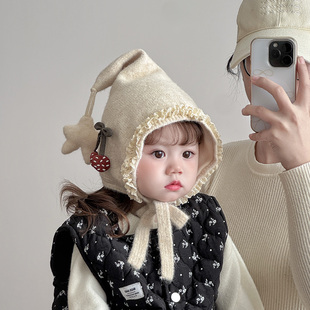 韩版儿童帽子秋冬季保暖加厚针织护耳尖尖帽女宝宝出游防风毛线帽