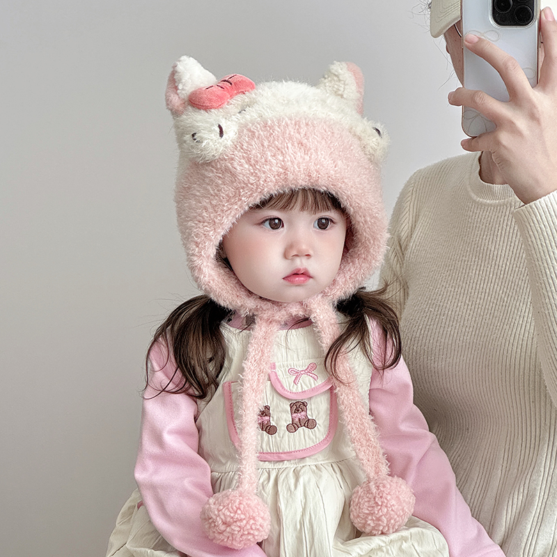 儿童帽子秋冬季保暖加厚针织护耳毛绒帽女宝宝可爱卡通防风毛线帽