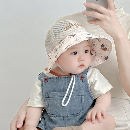 儿童防晒帽子夏季薄款透气网眼大檐遮阳帽男女宝宝韩版太阳渔夫帽