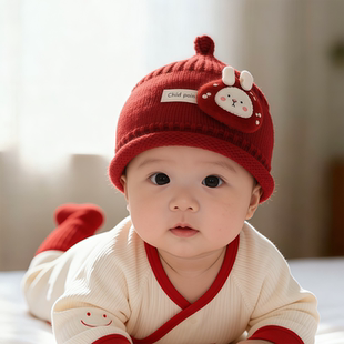 婴儿红色圣诞帽子秋冬季保暖加厚针织奶嘴帽男女宝宝小月龄毛线帽