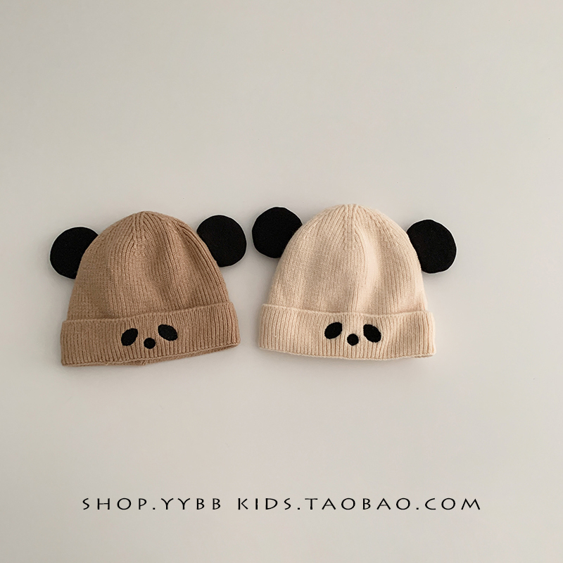 婴儿帽子秋冬季可爱熊猫针织毛线帽保暖防风新生儿超萌宝宝套头帽