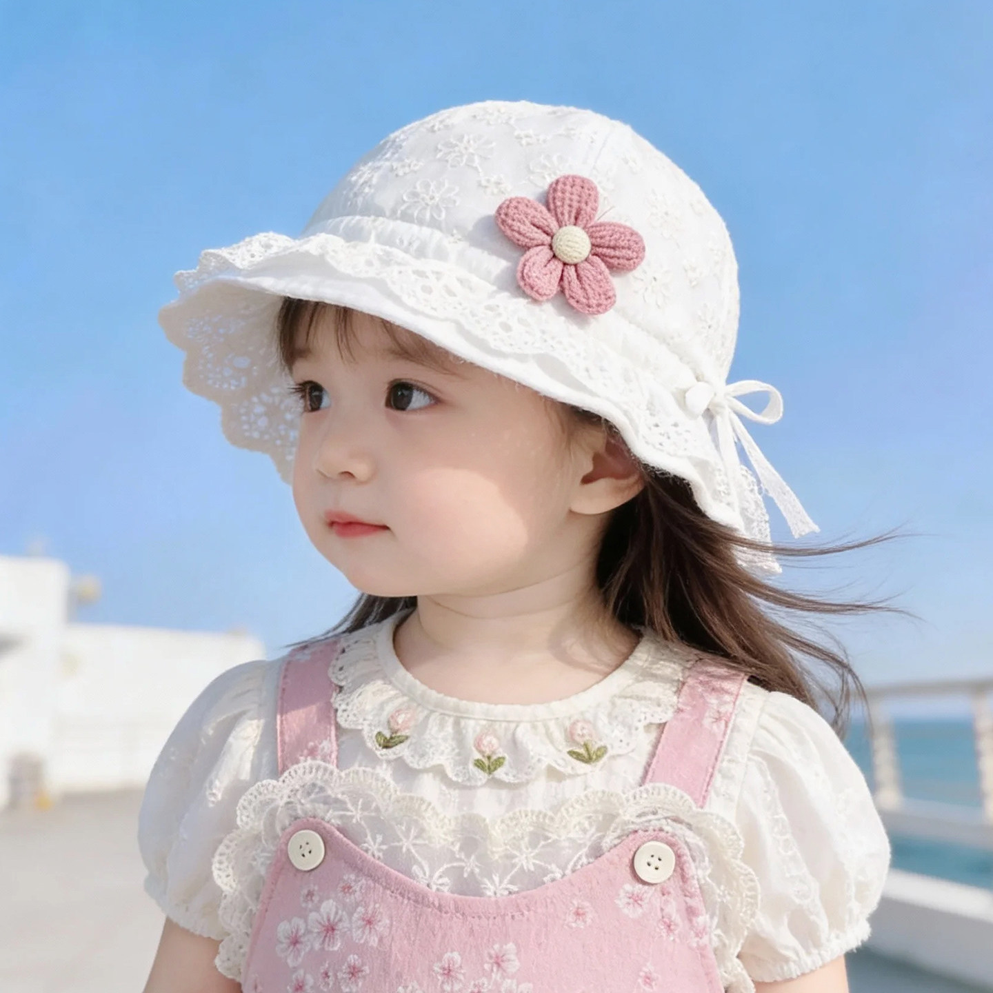 婴儿帽子春秋薄款遮阳防晒公主渔夫帽女宝宝小月龄可调节夏天盆帽