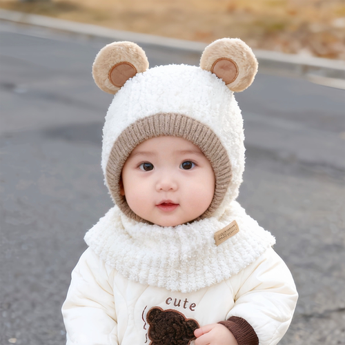 宝宝帽子围脖一体护耳针织帽秋冬季可爱小熊男女童保暖加绒毛线帽