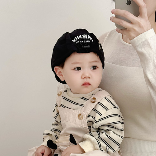 韩系潮流字母儿童帽子春秋薄款遮阳防风贝雷帽男女宝宝反戴前进帽