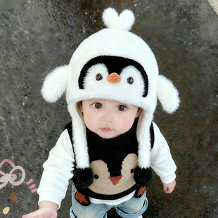 儿童帽子可爱企鹅冬天加厚保暖护耳帽男女宝宝加绒防风套头帽会叫