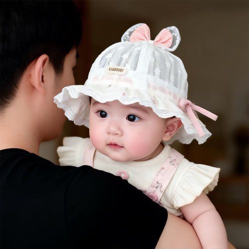 婴儿公主帽子夏季薄款透气网纱渔夫帽女宝宝小月龄遮阳防晒盆帽韩