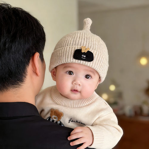 婴儿帽子秋冬季保暖加厚针织套头帽男女宝宝小月龄卡通防风毛线帽