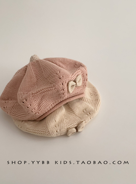 婴儿帽子秋冬季保暖防风针织毛线贝雷帽女宝宝甜美蝴蝶结南瓜帽潮