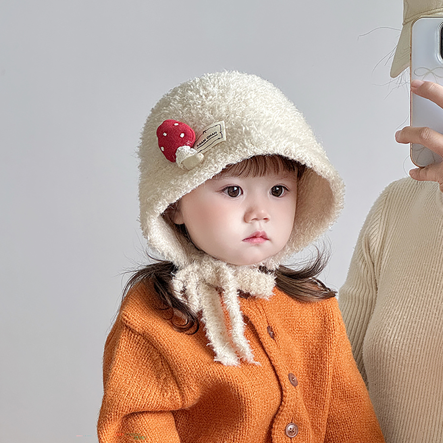 儿童帽子秋冬季保暖加厚针织系带毛绒渔夫帽女宝宝可爱防风毛线帽