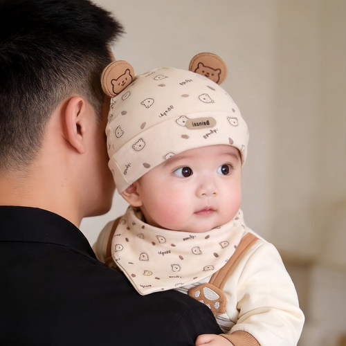 婴幼儿帽子秋冬季保暖护囟门胎帽宝宝小月龄三角巾套装新生口水巾