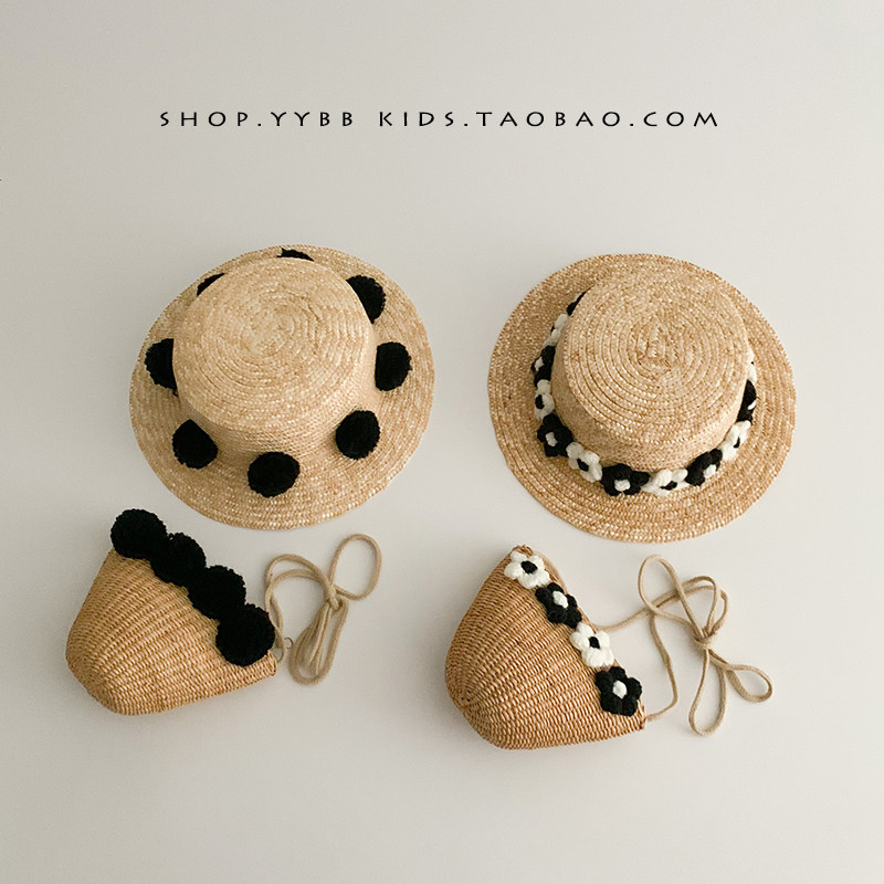 韩国宝宝帽子女夏天遮阳防晒超萌麦秆编织包包洋气儿童沙滩渔夫帽
