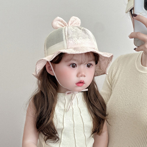儿童帽子夏季薄款透气网纱遮阳防晒渔夫帽女宝宝韩系花朵公主盆帽