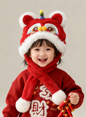 儿童红色醒狮冬季毛绒一体帽男女宝宝保暖加厚防风新年喜庆毛绒帽