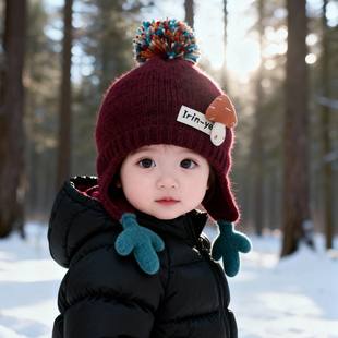 婴儿帽子秋冬季保暖加厚针织护耳帽男童女宝宝毛线防风卡通毛绒帽
