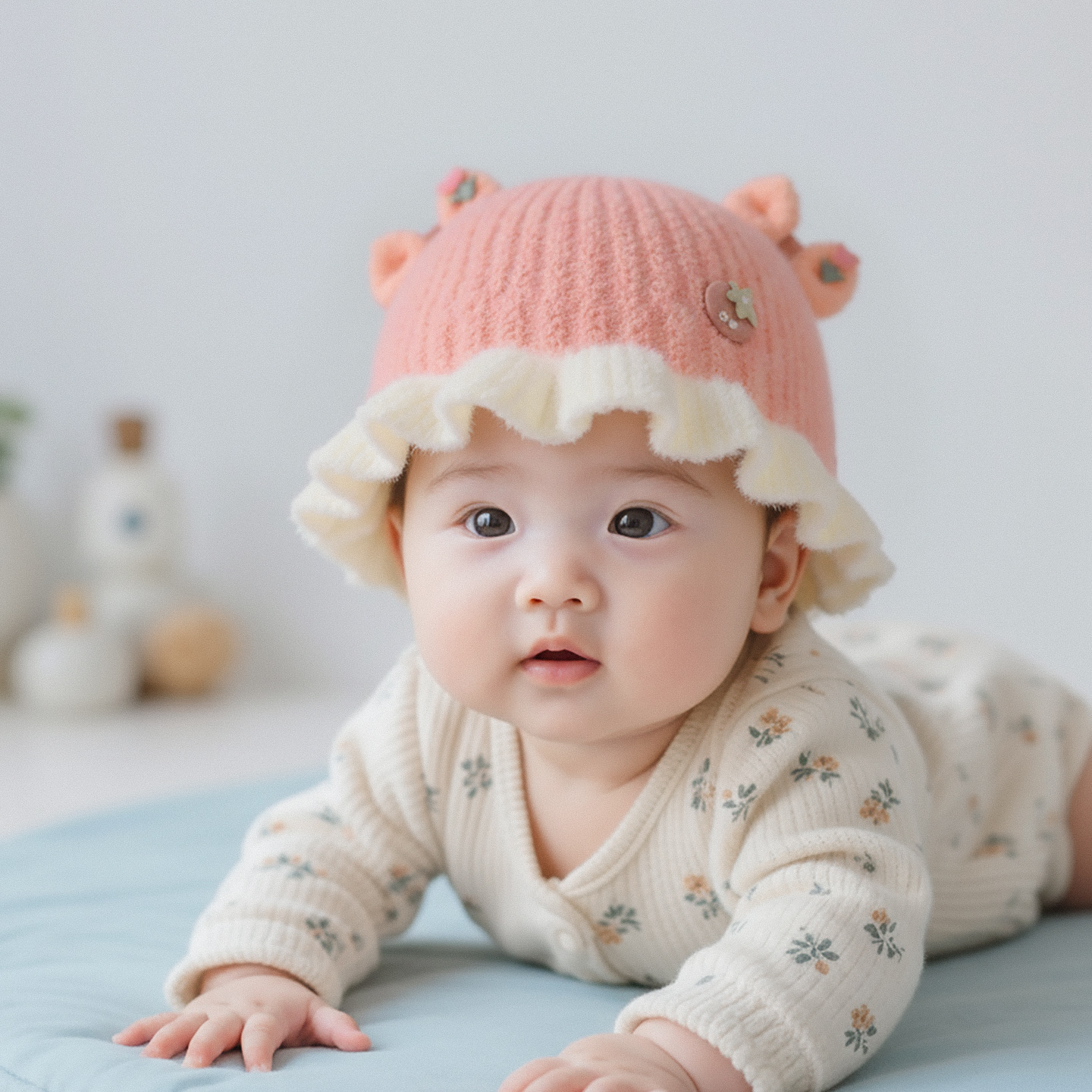 婴儿帽子秋冬季保暖加厚针织毛绒盆帽女宝宝小月龄防风毛线护耳帽