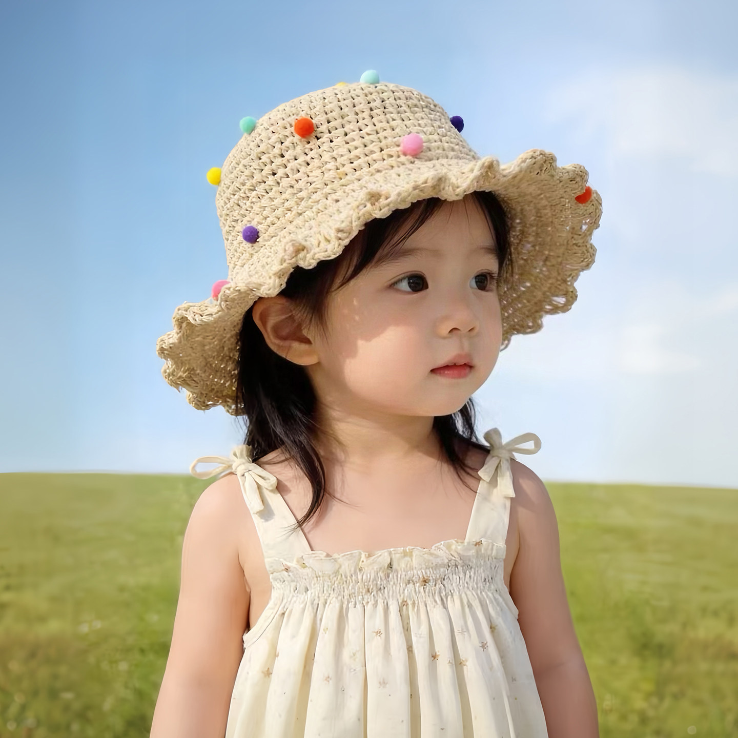 儿童韩系卡通帽子夏季薄款渔夫太阳帽男孩女宝宝遮阳防晒编织草帽