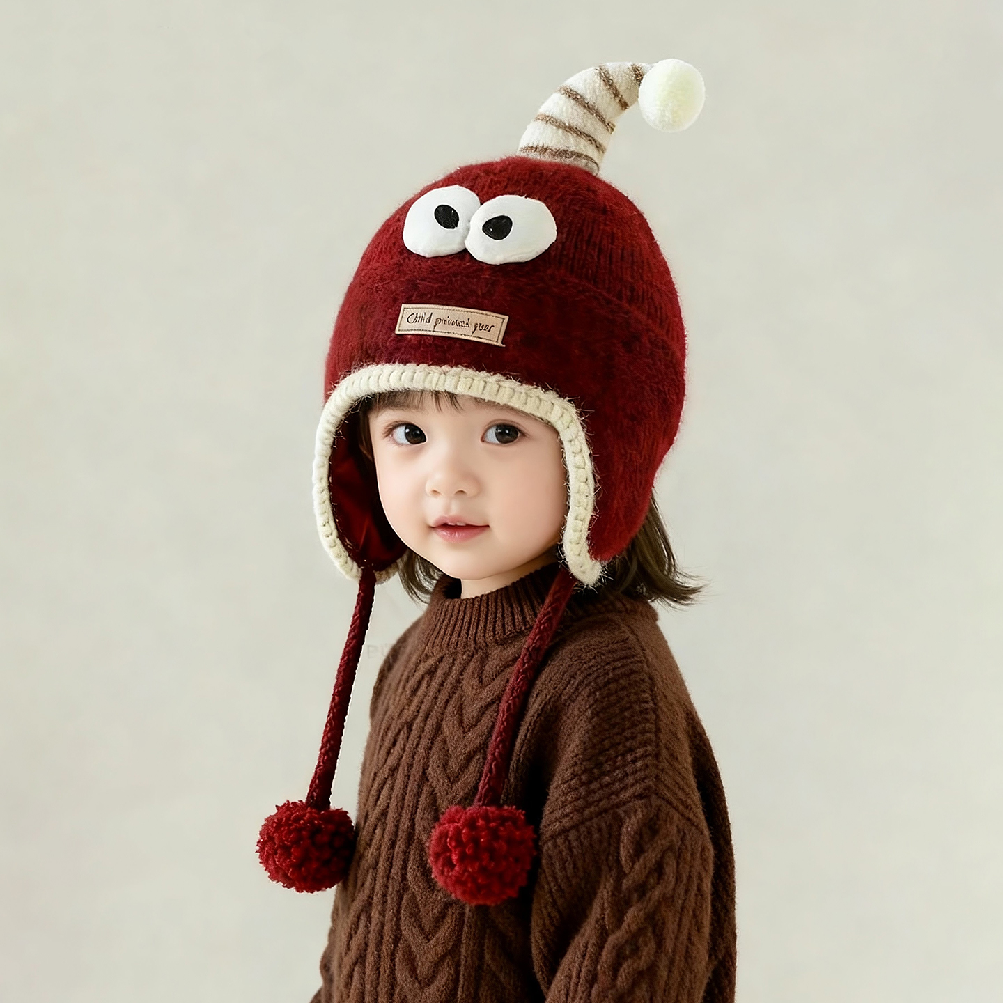 儿童帽子秋冬季保暖加厚针织护耳毛绒帽男宝宝女婴可爱防风毛线帽
