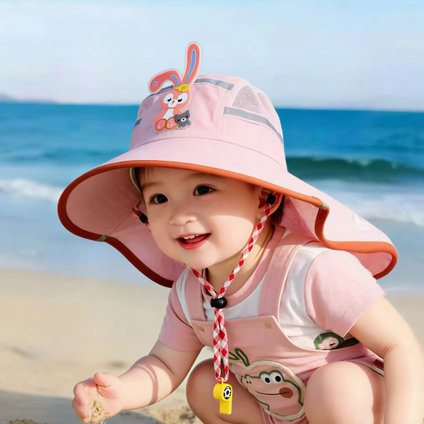 宝宝遮阳帽子夏季薄款网眼大帽檐披肩帽男孩女儿童防紫外线太阳帽