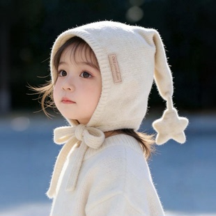韩版 保暖加厚尖尖毛线帽男孩女宝宝防风护耳帽 星星儿童帽子秋冬季