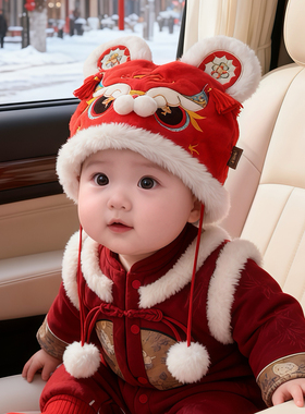 儿童红色醒狮帽子冬季保暖加厚护耳毛绒帽男女宝宝新年喜庆防风帽