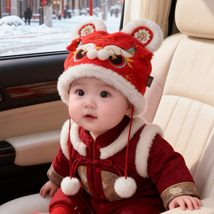 儿童红色醒狮帽子冬季保暖加厚护耳毛绒帽男女宝宝新年喜庆防风帽
