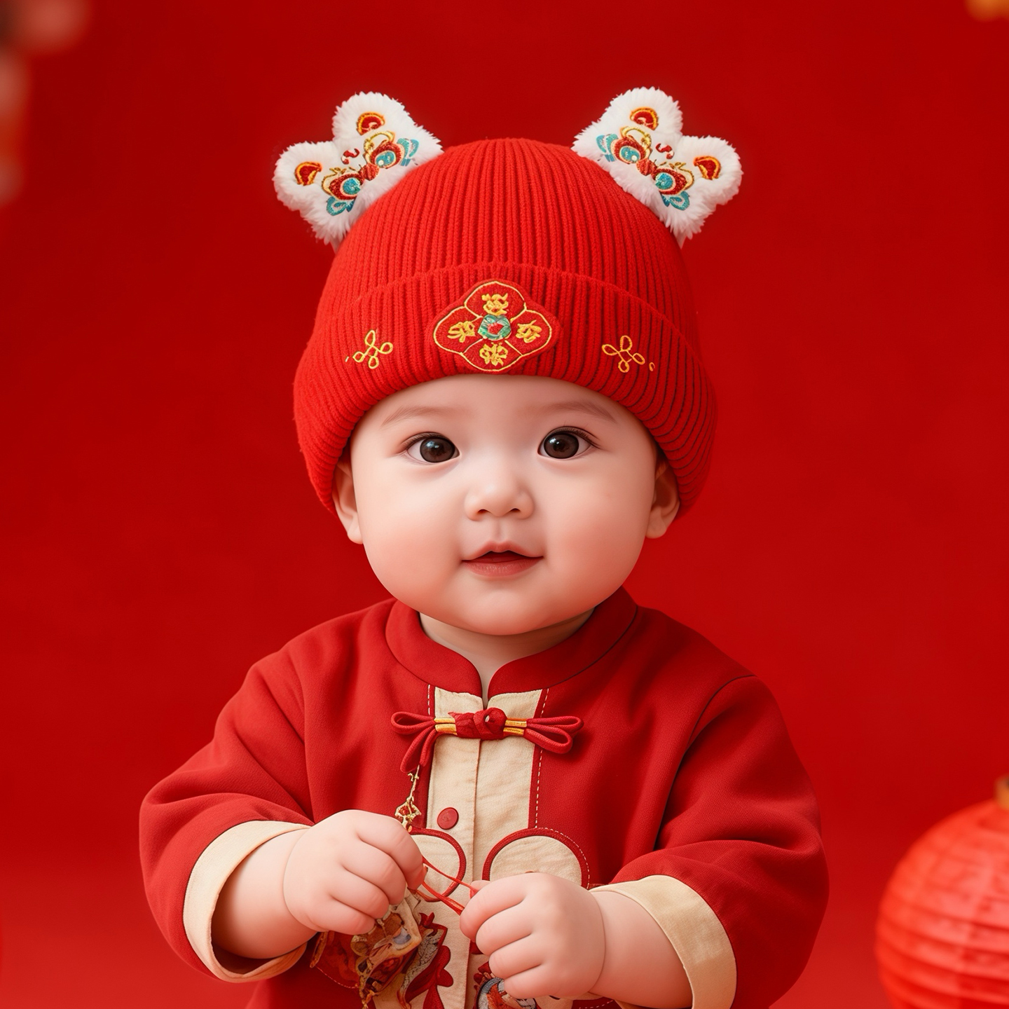 婴儿新年红色帽子秋冬季保暖加厚套头帽男女宝宝小月龄喜庆毛线帽