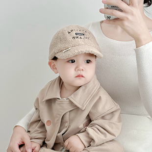 儿童帽子秋冬季 保暖羊羔绒防风鸭舌帽男女宝宝潮流字母百搭棒球帽