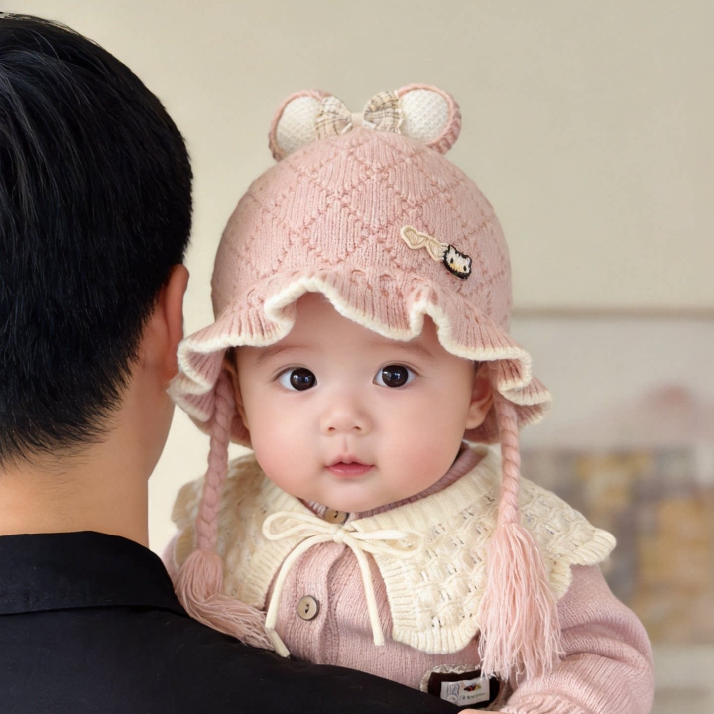 婴儿公主帽子秋冬季保暖防风蝴蝶结假发毛线帽女宝宝小月龄套头帽