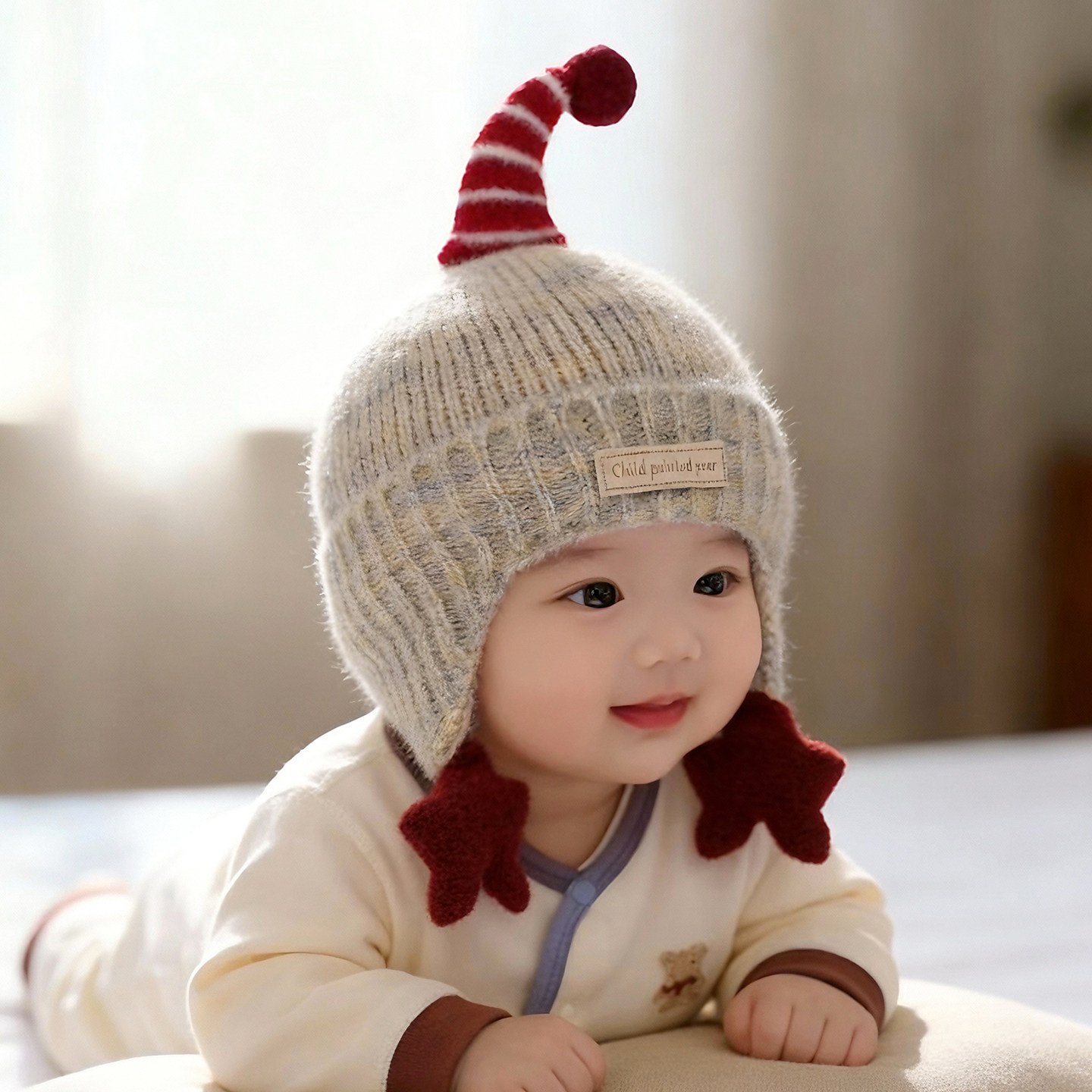 婴幼儿帽子秋冬季保暖加厚针织护耳帽男女宝宝小月龄防风毛线帽潮