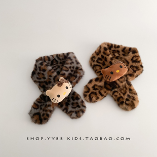 复古豹纹儿童毛绒围巾秋冬季 保暖防风围脖女宝宝可爱婴儿交叉脖套