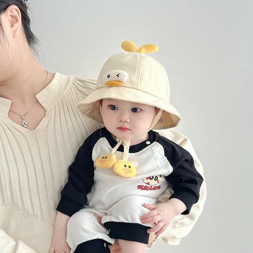 宝宝帽子春秋薄款遮阳防晒系带渔夫帽可爱卡通男女童夏季太阳盆帽