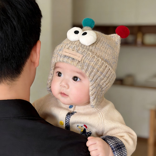 婴儿帽子秋冬季保暖加厚护耳帽男女宝宝小月龄防风卡通超萌毛线帽