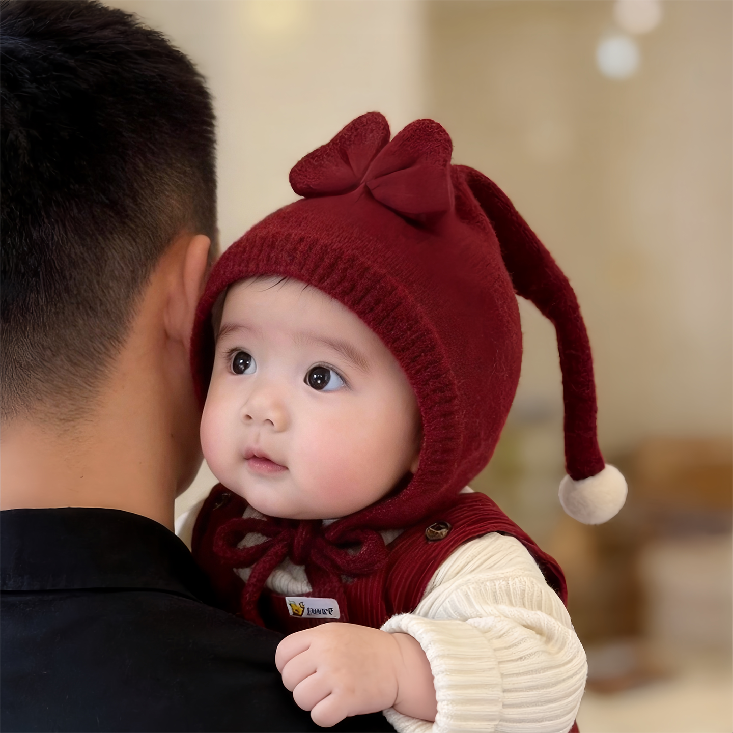 婴儿帽子秋冬季保暖加厚公主蝴蝶结护耳帽女宝宝小月龄精灵毛线帽