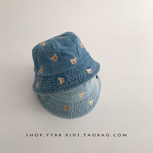 儿童遮阳防晒牛仔帽子春秋薄款可爱小熊男女宝宝渔夫帽水桶盆帽夏