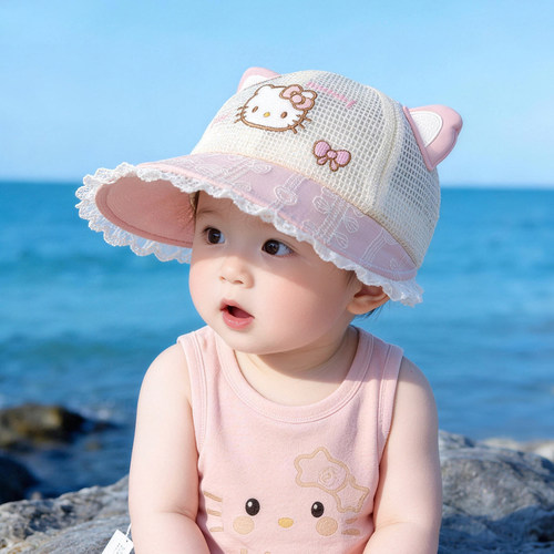 女宝宝遮阳帽子夏季薄款透气网纱大帽檐鸭舌帽儿童甜美防晒太阳帽