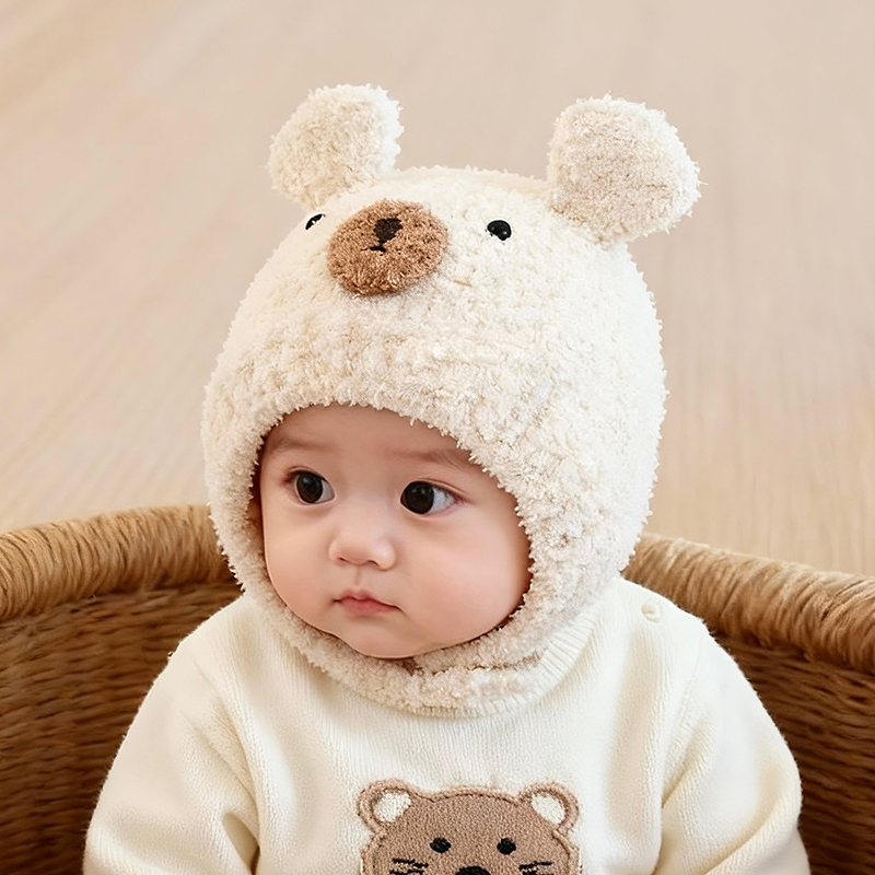 婴幼儿帽子秋冬季保暖加厚针织毛线帽男女宝宝可爱超萌护耳毛绒帽