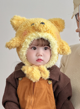 儿童毛绒帽子秋冬季保暖加厚针织护耳帽男孩女宝宝防风卡通毛线帽
