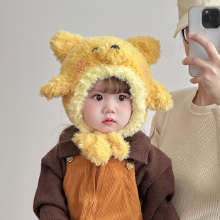 儿童毛绒帽子秋冬季保暖加厚针织护耳帽男孩女宝宝防风卡通毛线帽