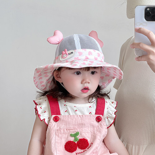 女童帽子夏季薄款透气网眼大帽檐渔夫帽女宝宝可爱遮阳防晒盆帽潮