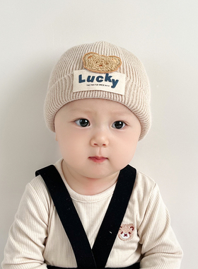婴儿毛线帽可爱小熊秋冬季瓜皮套头帽0-1岁新生宝宝初生针织帽子