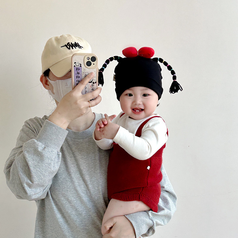 婴幼儿帽子春秋薄款可爱辫子新生胎帽男女宝宝小月龄套头囟门帽冬