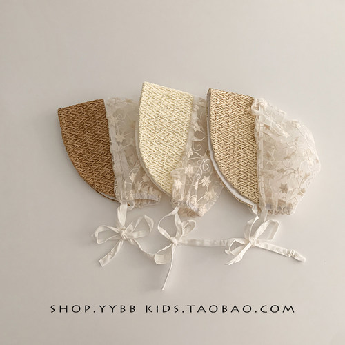 婴儿帽子夏季透气网纱公主宫廷帽女宝宝拼接草编防晒护囟门胎帽韩